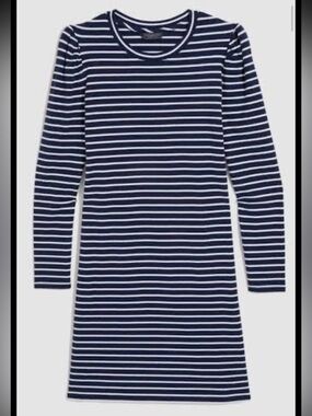Vineyard Vines Women's Navy and White Striped Puff Long-Sleeve Dress Size Medium